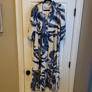 TCEC White Maxi Dress with Blue Leaf Print